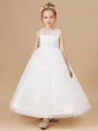A-Line/Princess Scoop Ankle-Length Tulle Junior Bridemaid Dresses With Appliques Lace