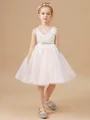 A-Line/Princess V-neck Knee-Length Tulle Junior Bridemaid Dresses With Belt/Sash