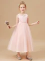 A-Line/Princess Scoop Tea-Length Tulle Junior Bridemaid Dresses With Belt/Sash