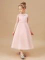 A-Line/Princess Scoop Tea-Length Tulle Junior Bridemaid Dresses With Belt/Sash