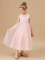 A-Line/Princess Scoop Tea-Length Tulle Junior Bridemaid Dresses With Belt/Sash