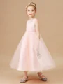 A-Line/Princess Scoop Tea-Length Tulle Junior Bridemaid Dresses With Belt/Sash