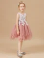 A-Line/Princess Scoop Knee-Length Tulle Junior Bridemaid Dresses With Appliques Lace