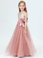 A-Line/Princess Spaghetti Straps Floor-Length Tulle Junior Bridemaid Dresses With Flower