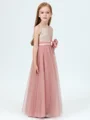 A-Line/Princess Spaghetti Straps Floor-Length Tulle Junior Bridemaid Dresses With Flower