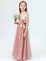 A-Line/Princess Spaghetti Straps Floor-Length Tulle Junior Bridemaid Dresses With Flower