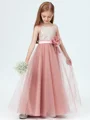 A-Line/Princess Spaghetti Straps Floor-Length Tulle Junior Bridemaid Dresses With Flower