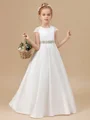 A-Line/Princess Scoop Sweep/Brush Train Satin Junior Bridemaid Dresses With Bow