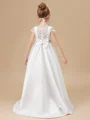 A-Line/Princess Scoop Sweep/Brush Train Satin Junior Bridemaid Dresses With Bow