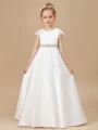 A-Line/Princess Scoop Sweep/Brush Train Satin Junior Bridemaid Dresses With Bow