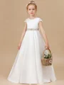 A-Line/Princess Scoop Sweep/Brush Train Satin Junior Bridemaid Dresses With Bow