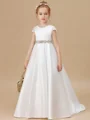 A-Line/Princess Scoop Sweep/Brush Train Satin Junior Bridemaid Dresses With Bow