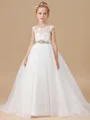 Ball Gown Scoop Sweep/Brush Train Tulle Junior Bridemaid Dresses With Belt/Sash