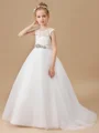 Ball Gown Scoop Sweep/Brush Train Tulle Junior Bridemaid Dresses With Belt/Sash