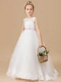 A-Line/Princess Scoop Sweep/Brush Train Tulle Junior Bridemaid Dresses