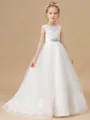 A-Line/Princess Scoop Sweep/Brush Train Tulle Junior Bridemaid Dresses With Rhinestone