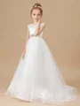 A-Line/Princess Scoop Sweep/Brush Train Tulle Junior Bridemaid Dresses With Rhinestone
