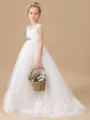 A-Line/Princess Scoop Sweep/Brush Train Tulle Junior Bridemaid Dresses With Rhinestone
