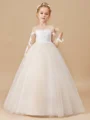 Ball Gown Scoop Sweep/Brush Train Tulle Junior Bridemaid Dresses With Appliques Lace