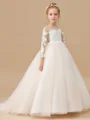 Ball Gown Scoop Sweep/Brush Train Tulle Junior Bridemaid Dresses With Appliques Lace
