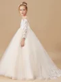 Ball Gown Scoop Sweep/Brush Train Tulle Junior Bridemaid Dresses With Appliques Lace