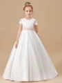 Ball Gown Scoop Sweep/Brush Train Satin Junior Bridemaid Dresses With Belt/Sash