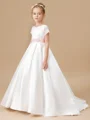 Ball Gown Scoop Sweep/Brush Train Satin Junior Bridemaid Dresses With Belt/Sash