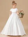 Ball Gown Scoop Sweep/Brush Train Satin Junior Bridemaid Dresses With Belt/Sash