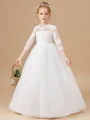 Ball Gown Scoop Floor-Length Tulle Junior Bridemaid Dresses With Appliques Lace