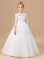 Ball Gown Scoop Floor-Length Tulle Junior Bridemaid Dresses With Appliques Lace