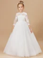 Ball Gown Scoop Floor-Length Tulle Junior Bridemaid Dresses With Appliques Lace
