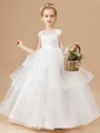Ball Gown Scoop Floor-Length Tulle Junior Bridemaid Dresses With Cascading Ruffles