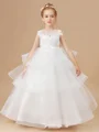 Ball Gown Scoop Floor-Length Tulle Junior Bridemaid Dresses With Cascading Ruffles