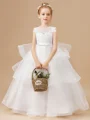 Ball Gown Scoop Floor-Length Tulle Junior Bridemaid Dresses With Cascading Ruffles