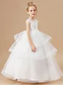 Ball Gown Scoop Floor-Length Tulle Junior Bridemaid Dresses With Cascading Ruffles