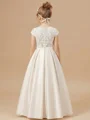A-line Scoop Short Sleeves Bowknot Floor-Length Satin Flower Girl Dress