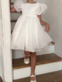 A-line Scoop Short Sleeves Ruffles Knee-Length Organza Flower Girl Dress