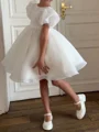 A-line Scoop Short Sleeves Ruffles Knee-Length Organza Flower Girl Dress