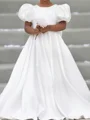 A-line Scoop Short Sleeves Bowknot Sweep Train Silk Like Satin Flower Girl Dress