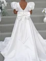 A-line Scoop Short Sleeves Bowknot Sweep Train Silk Like Satin Flower Girl Dress