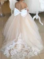 Ball-Gown Off-the-Shoulder Long Sleeves Lace Court Train Tulle Flower Girl Dress