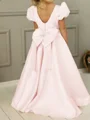 A-line Scoop Short Sleeves Bowknot Floor-Length Satin Flower Girl Dress