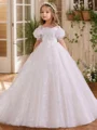 A-line High Neck Short Sleeves Bowknot Sweep Train Tulle Flower Girl Dress