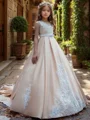 A-line Scoop Bowknot Court Train Satin Flower Girl Dress