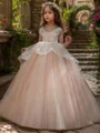 A-line Scoop Bowknot Sweep Train Tulle Flower Girl Dress