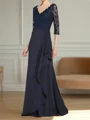 A-line V-neck 3/4 Sleeves Appliques Lace Floor-Length Stretch Crepe Mother of the Bride Dress
