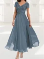 A-line V-neck Short Sleeves Appliques Lace Ankle-Length Chiffon Corset Mother of the Bride Dress