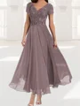 A-line V-neck Short Sleeves Appliques Lace Ankle-Length Chiffon Corset Mother of the Bride Dress