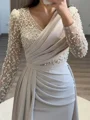 Sheath V-neck Long Sleeves Pleated Sweep Train Stretch Crepe Mother of the Bride Dress