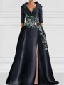 A-line V-neck 1/2 Sleeves Appliques Lace Floor-Length Satin Corset Mother of the Bride Dress